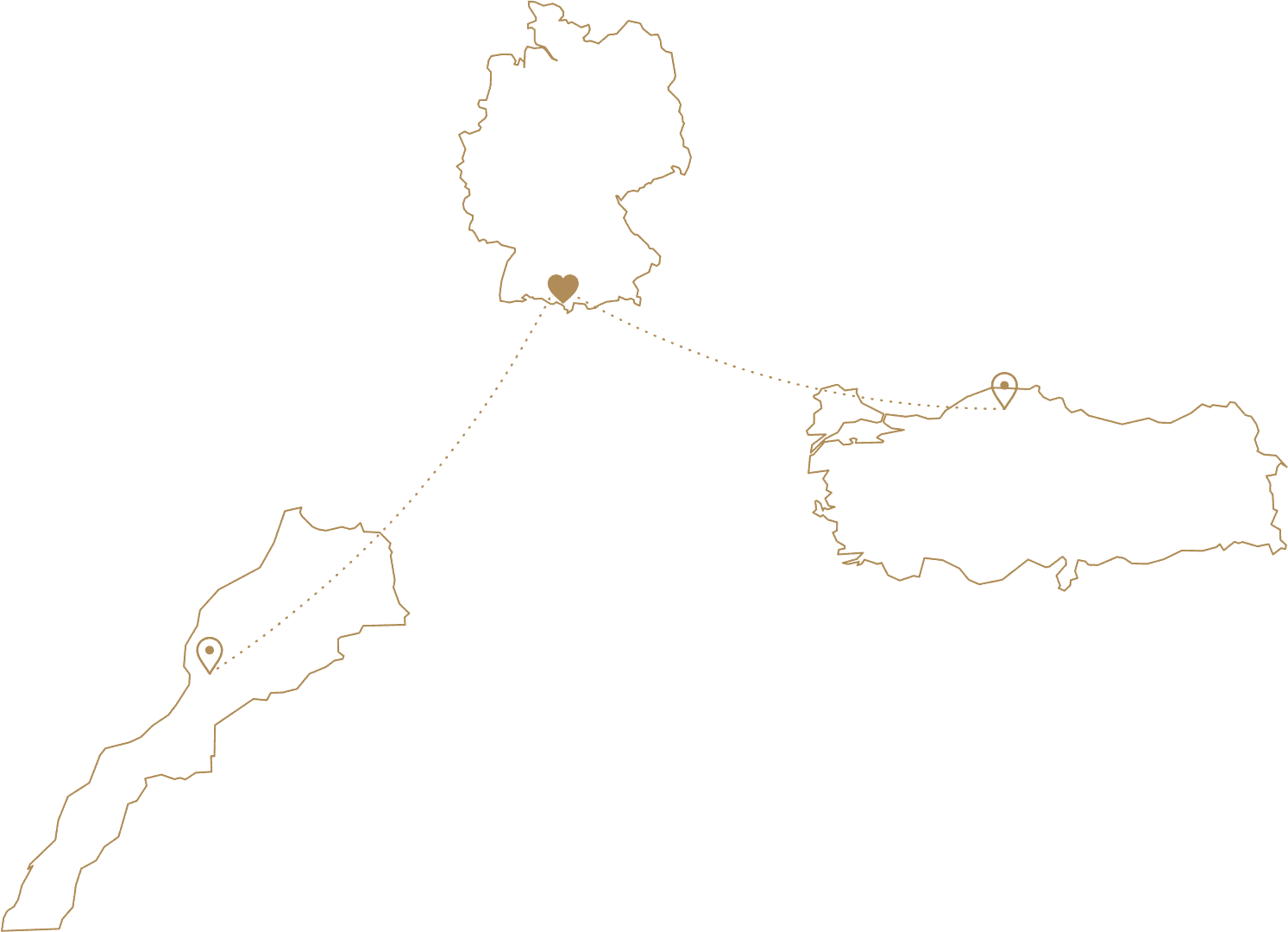 An illustrated map with dotted lines connecting three countries that are part of Mona and Okan's family roots to a heart over Isny im Allgäu